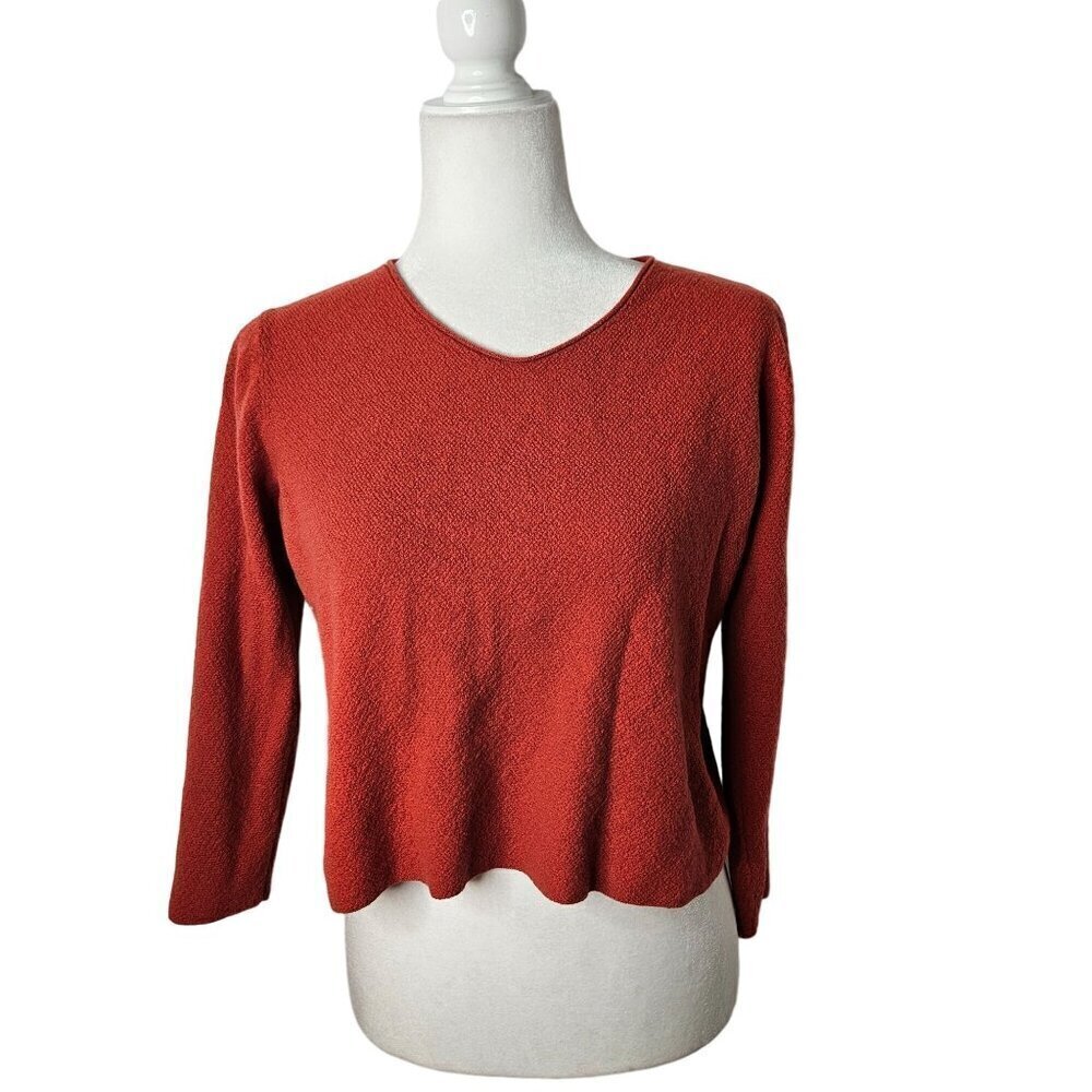 Eileen Fisher Petite Large 100% Italian‎ Wool Sweater Crop Length Rust Orange